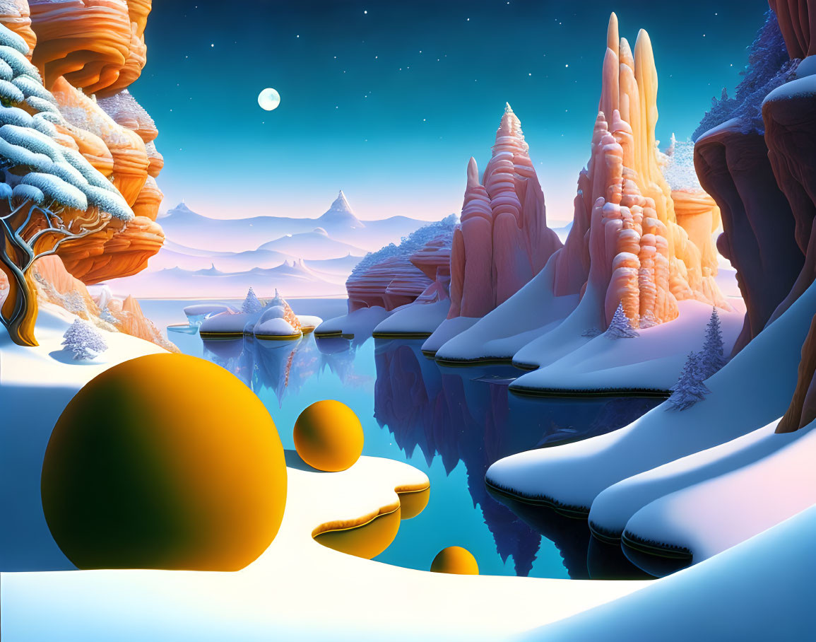 Surreal winter landscape with orange spheres and snow-covered rocks under twilight sky