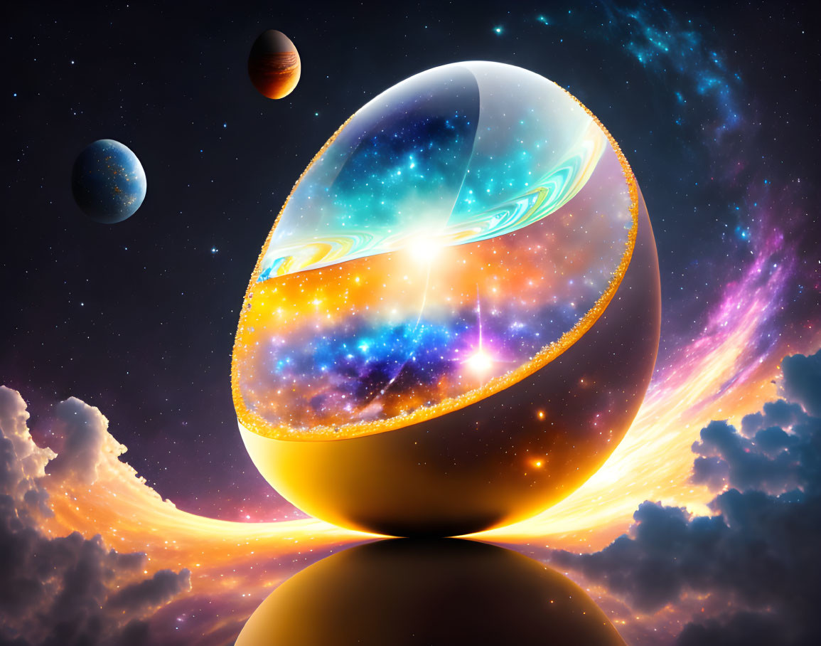 Reflective egg-shaped object with cosmic scene and planets.