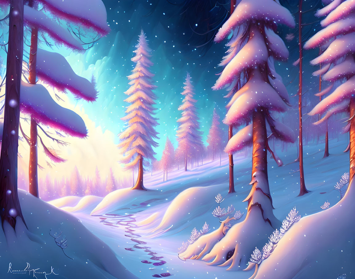 Snow-covered trees in serene winter landscape at twilight with warm glow on horizon