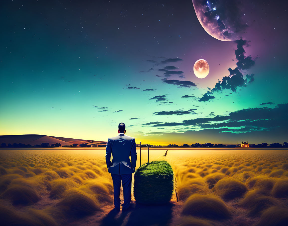 Man in suit gazes at dual moons in wheat field at night with house and hay bale.