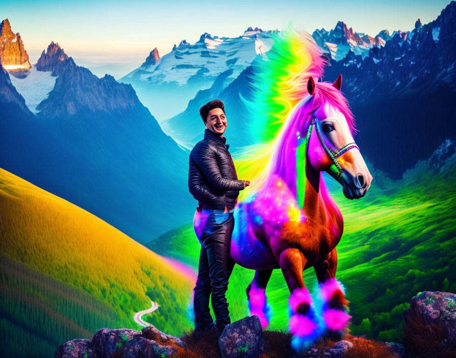 Vibrant horse with neon mane standing next to person in mountain landscape