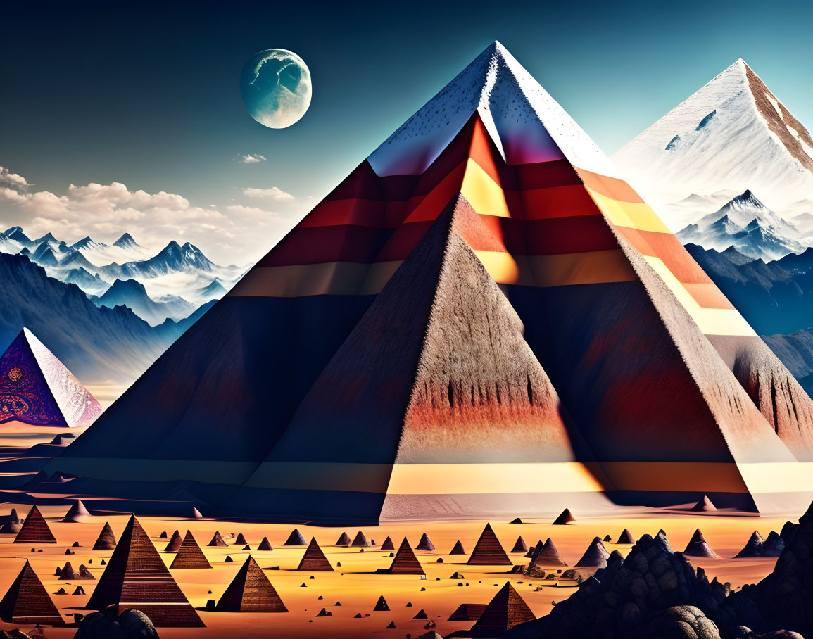 Colorful Pyramids and Moon Over Surreal Mountain Landscape