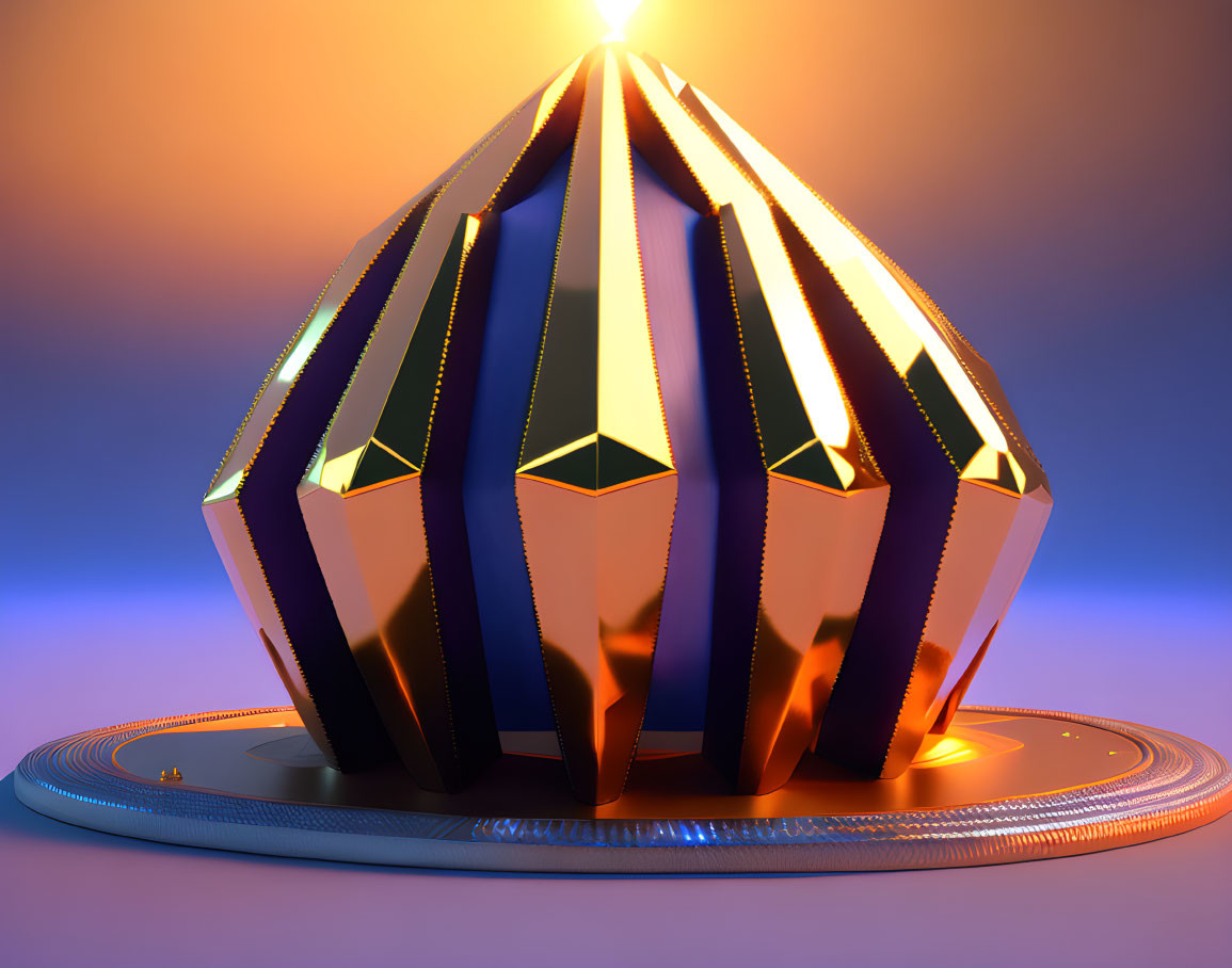 Geometric lantern with golden edges on reflective surface against blue and orange backdrop