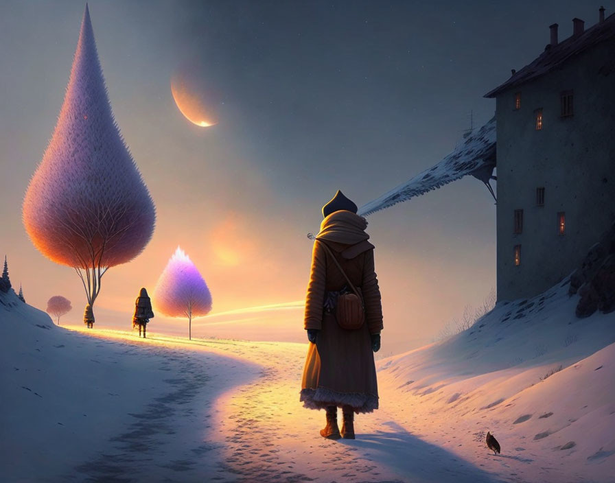 Person in cloak walks snowy path under surreal sunset with vibrant trees & large crescent moon
