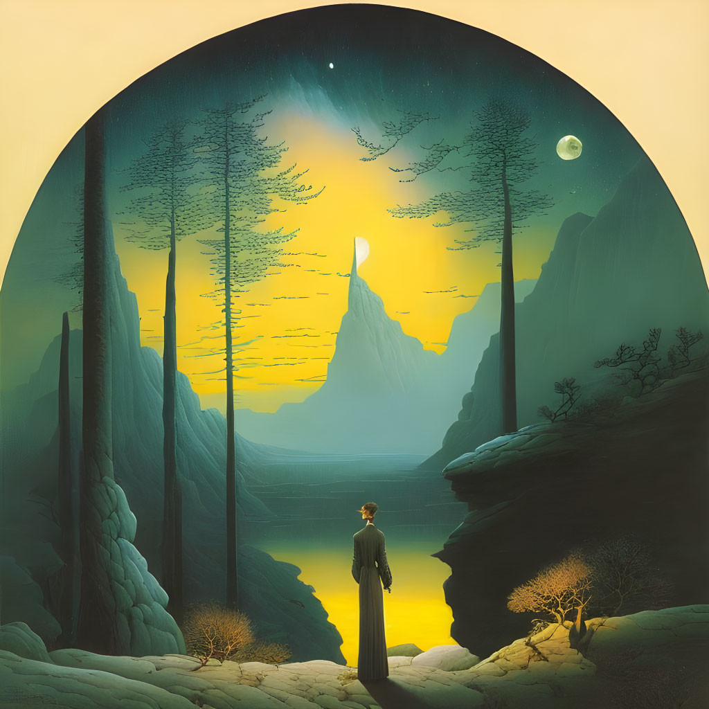 Person in robe at mystical archway with landscape and crescent moon