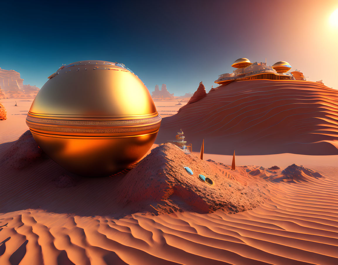 Golden spherical structure in desert with red sand dunes under blue sky