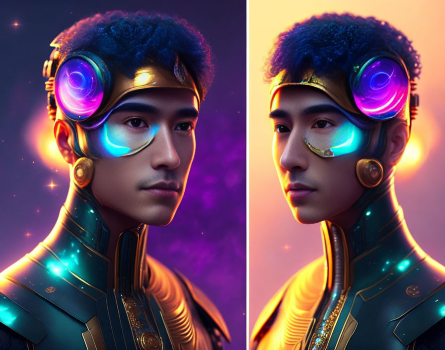 Futuristic digital artwork of individual with cybernetic enhancements and headphones in vibrant purple and gold hues