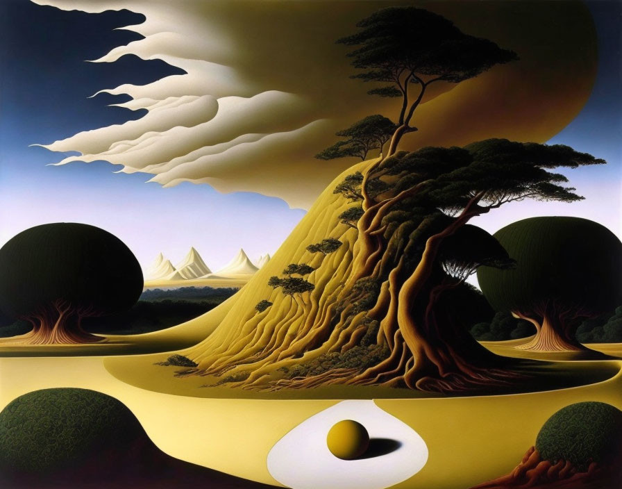 Surreal landscape featuring yin-yang symbol, distorted trees, hills, and dreamlike sky