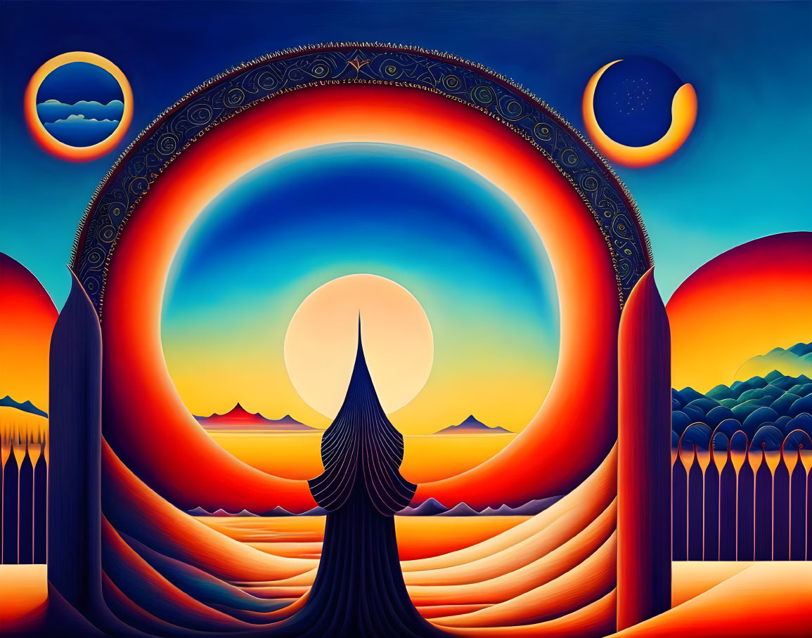 Colorful surreal landscape with cloaked figure, moons, sun, mountains, and forest.