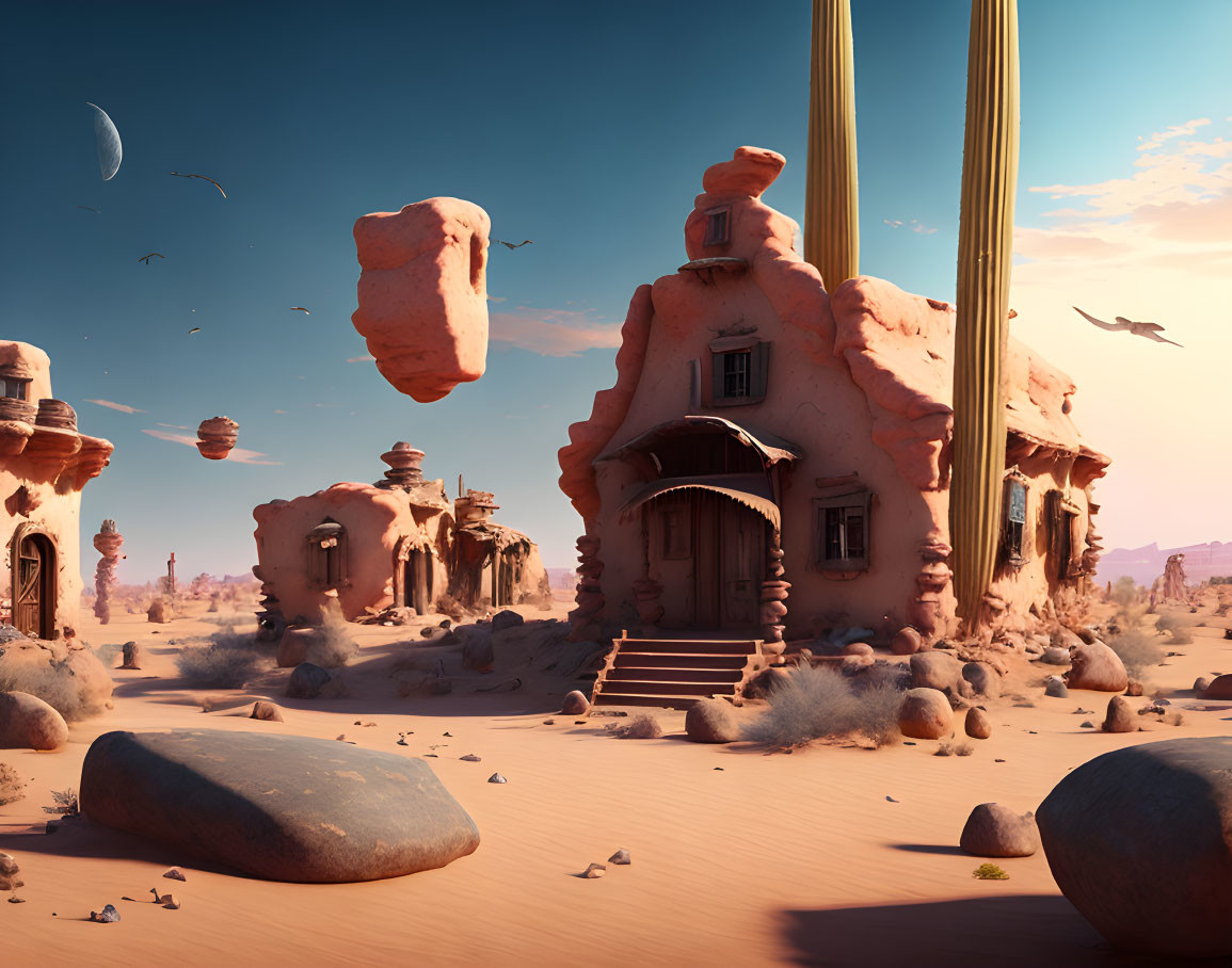 Surreal desert landscape with floating rocks and whimsical clay houses