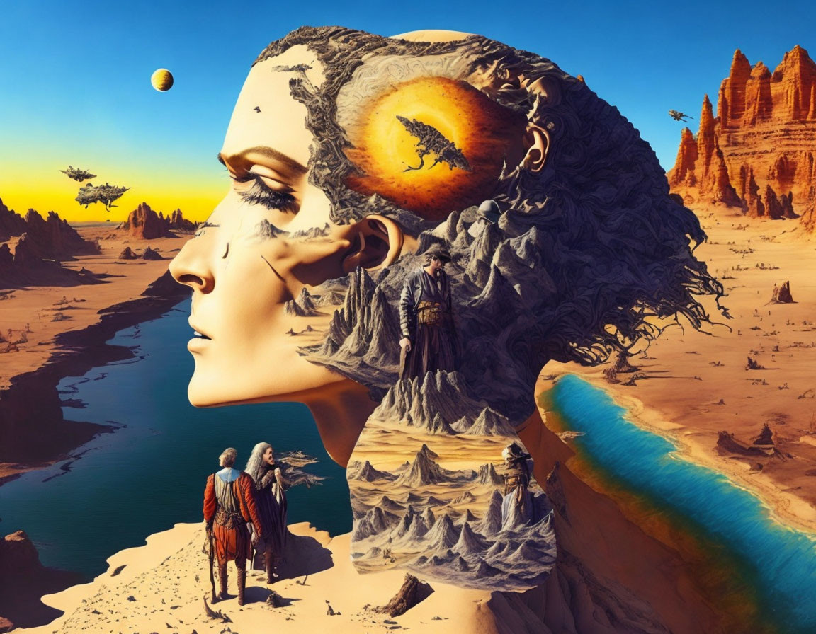 Surreal landscape with giant face, mountainous terrain, figures, and river under alien sky