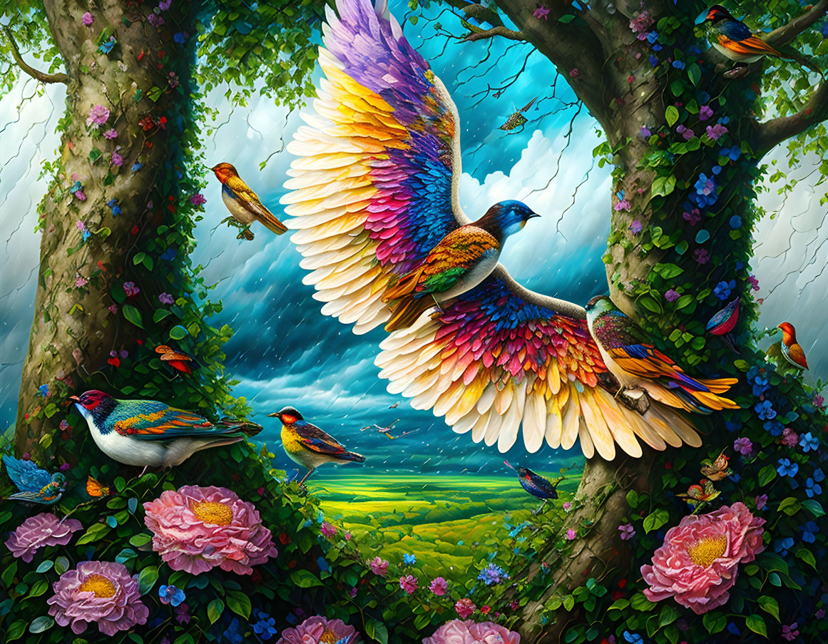 Colorful bird in flight among blossoming trees and scenic landscape