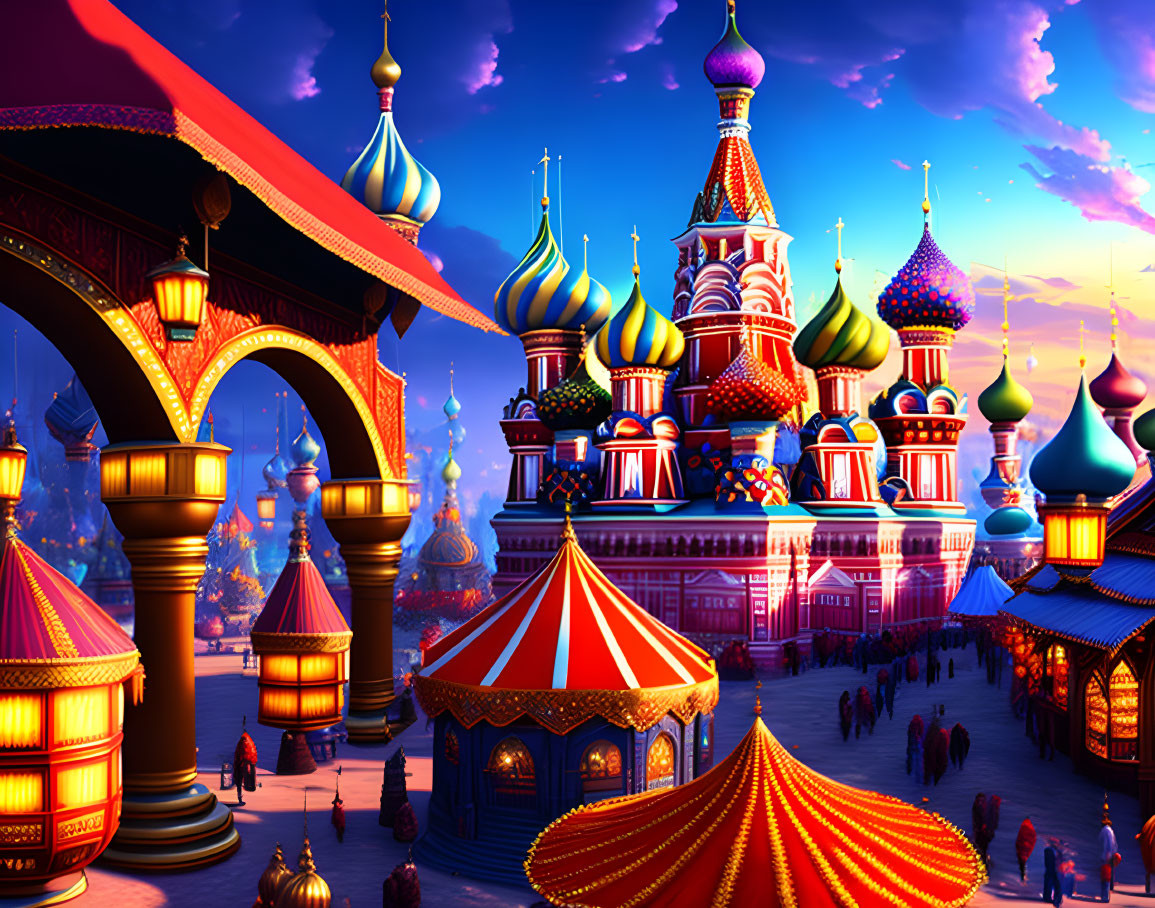 Colorful festive market with onion domes and tents at twilight