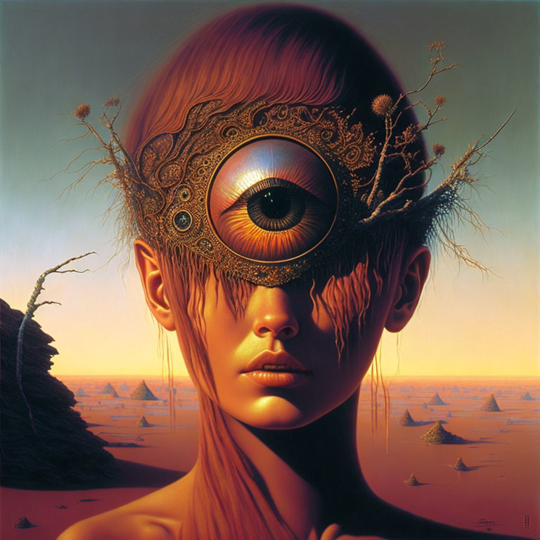 Surreal portrait of woman with ornate eye-mask in desert setting