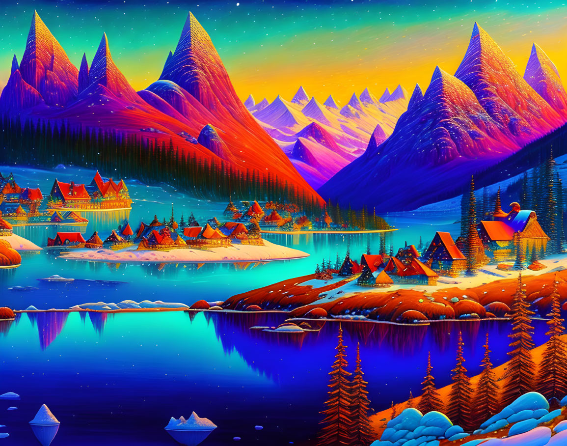 Colorful surreal landscape with mountains, trees, lake, and starry sky.