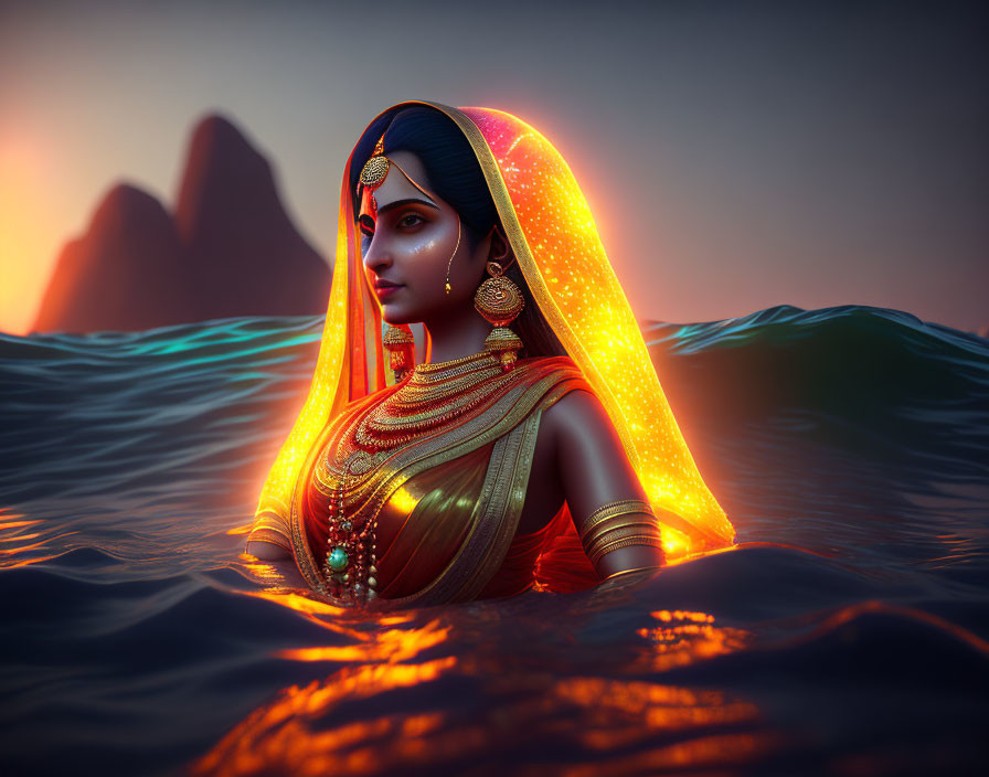 Traditional Indian attire woman emerges from water at dusk