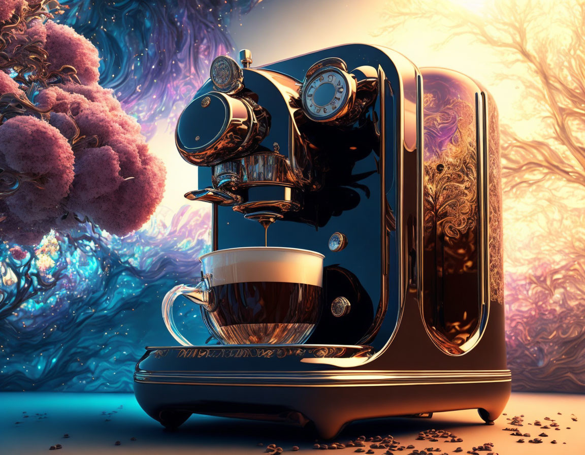 Black and Gold Espresso Machine Brewing Coffee in Colorful Surreal Setting