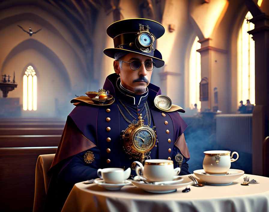 Elaborate Steampunk Attire Man in Ornate Church-like Interior