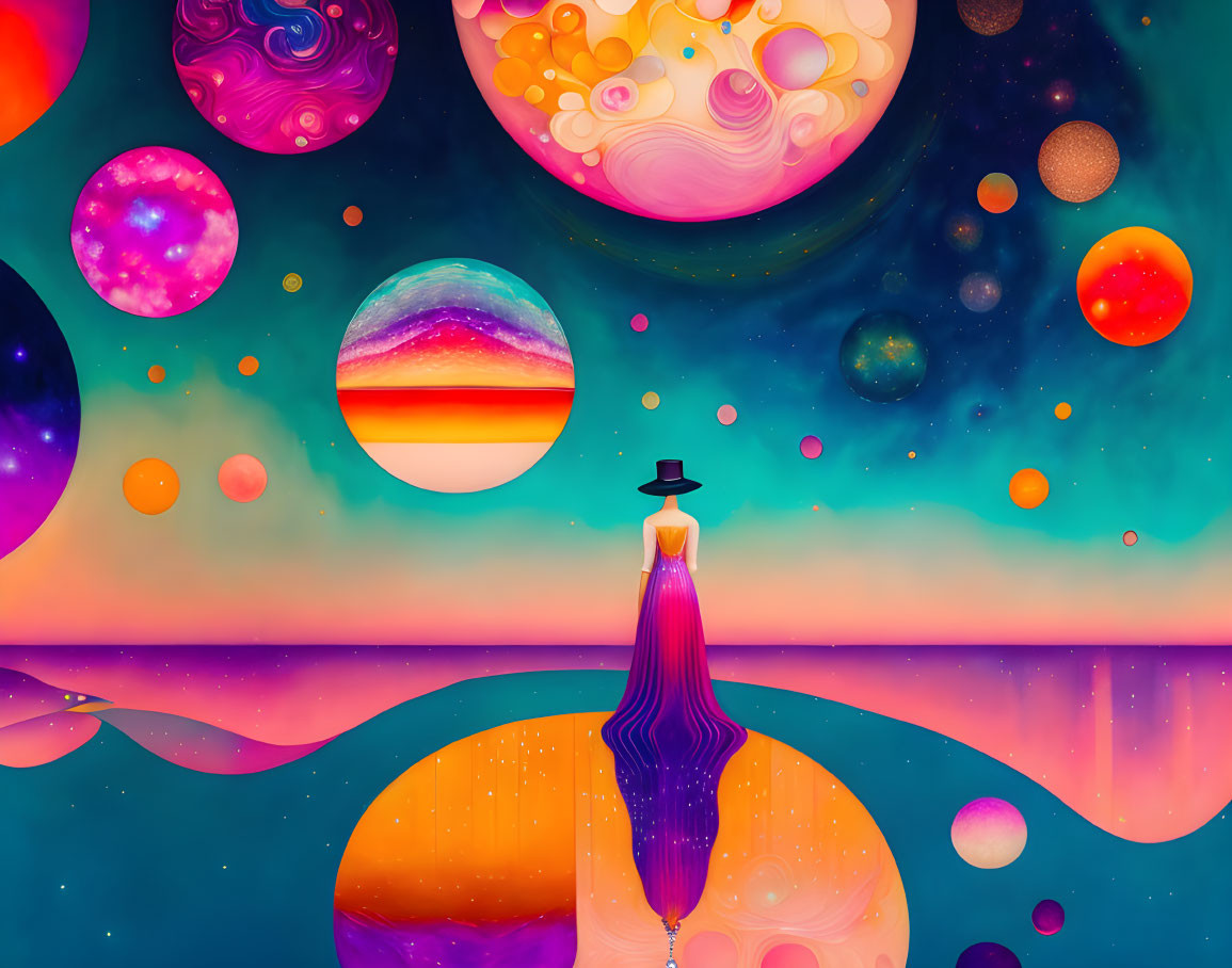 Colorful Planets and Figure in Top Hat in Surreal Cosmic Landscape