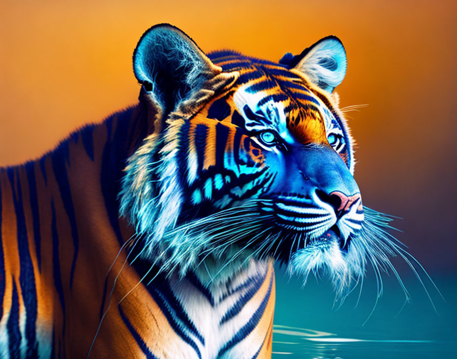 Close-up of vibrant tiger with blue and orange fur and intense gaze