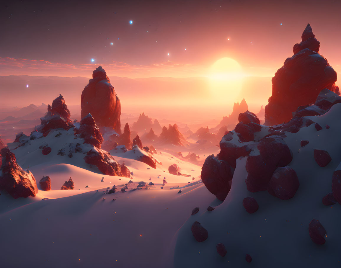 Snowy Landscape Sunset with Rocky Formations and Starry Sky