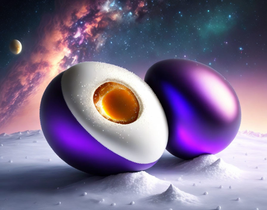 Surreal landscape with oversized eggs, broken one showing yolk, cosmic backdrop