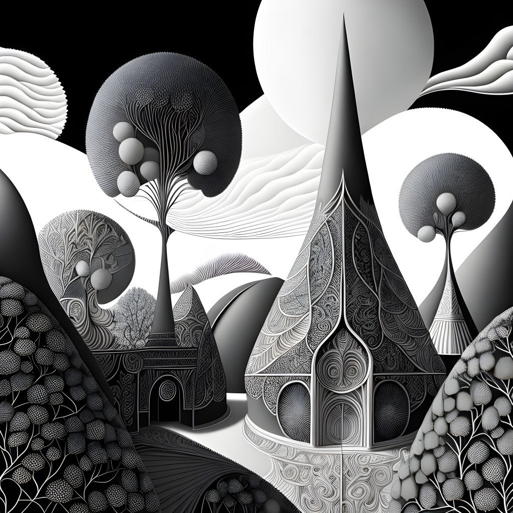 Monochromatic abstract art: stylized landscapes, intricate patterns, trees, whimsical architecture, surreal