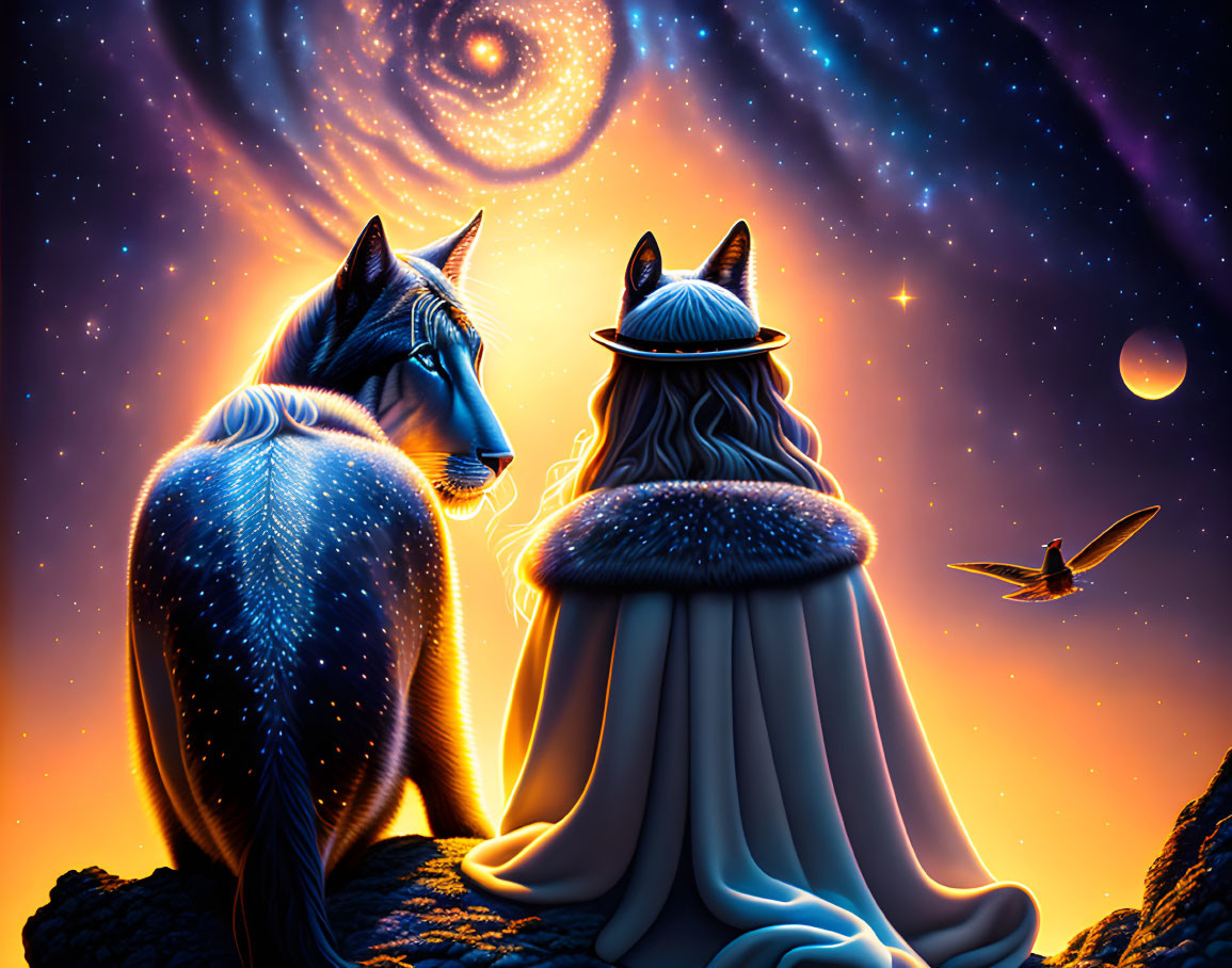 Illustration of blue horse and robed figure under starry sky with galaxy and hummingbird