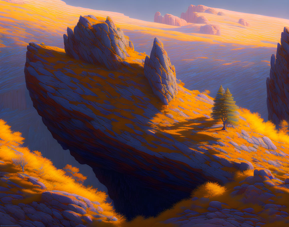 Surreal landscape with golden grass, lone tree, and rock formations under orange sky