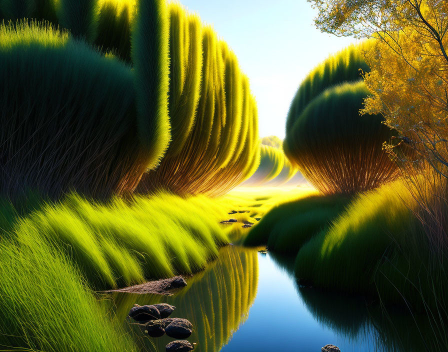 Tranquil river surrounded by lush green hills and autumnal trees