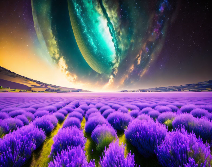 Lavender field under colorful galaxy with stars at dusk