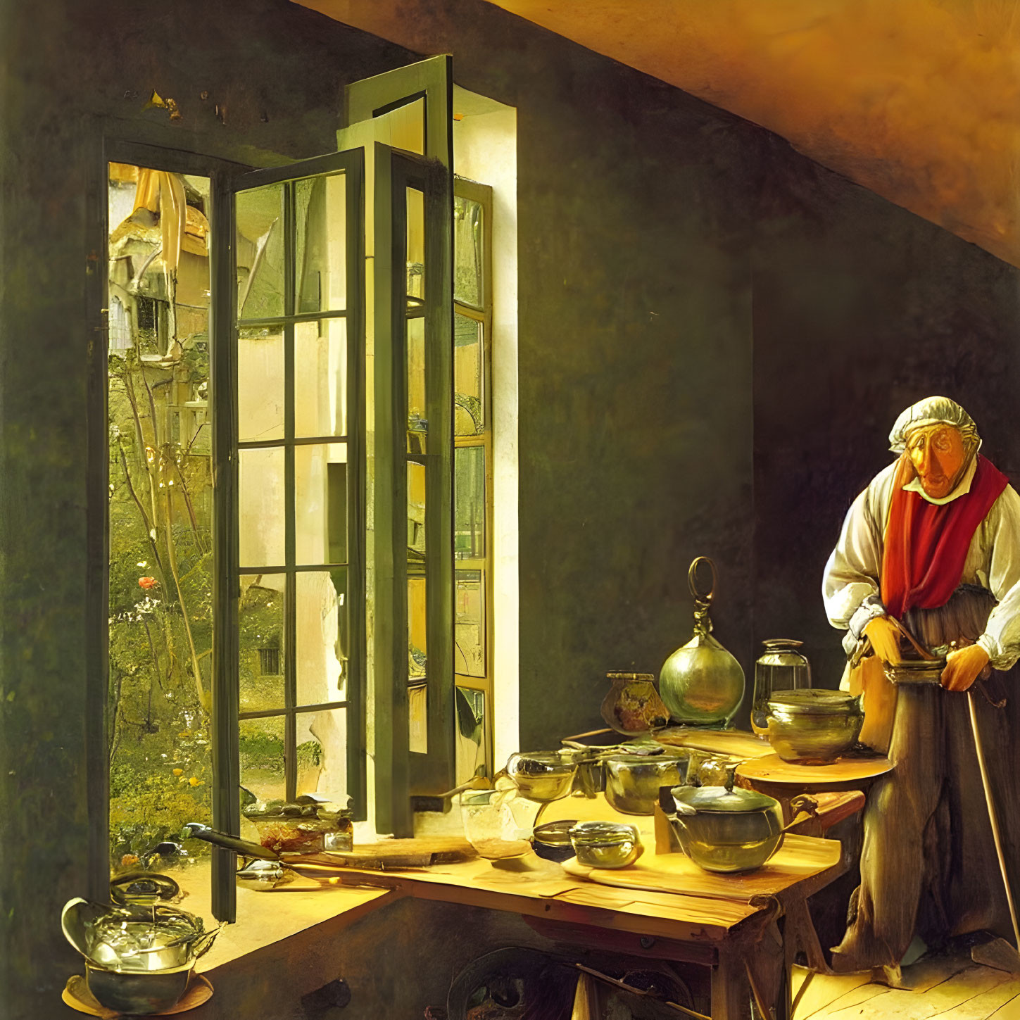 Traditional dress woman cooks in rustic kitchen with natural light and shiny cookware.