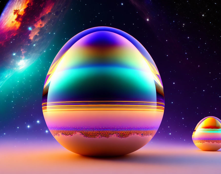 Colorful Easter egg-shaped object in space with cosmic background.