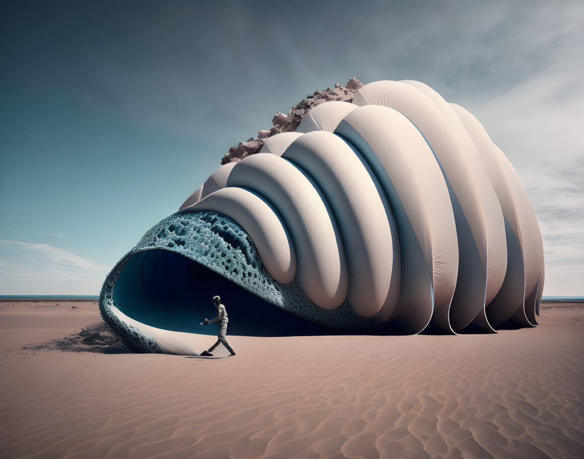 Surreal shell structure in desert landscape with blue wave interior