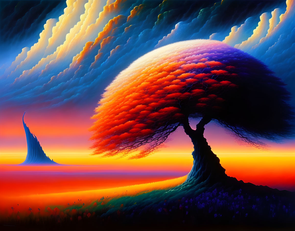 Colorful digital artwork of surreal landscape with fiery tree under dynamic sky