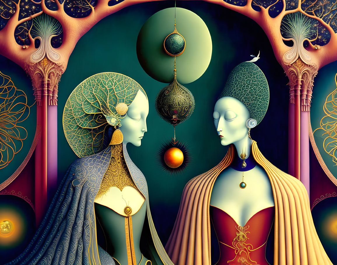 Stylized ornate female figures with elaborate headdresses and gowns in surreal setting