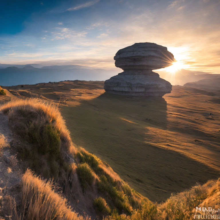 Sunset illuminating rock formation, golden plains, hazy horizon