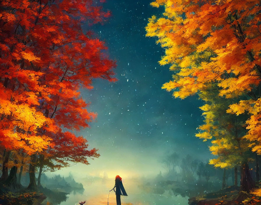 Solitary Figure Under Vibrant Autumn Canopy Amid Tranquil Forest Lake