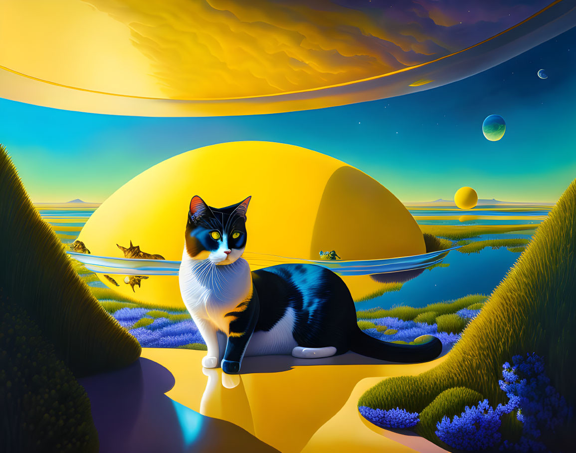 Colorful Artwork: Cat with Blue Eyes on Hammock in Surreal Landscape