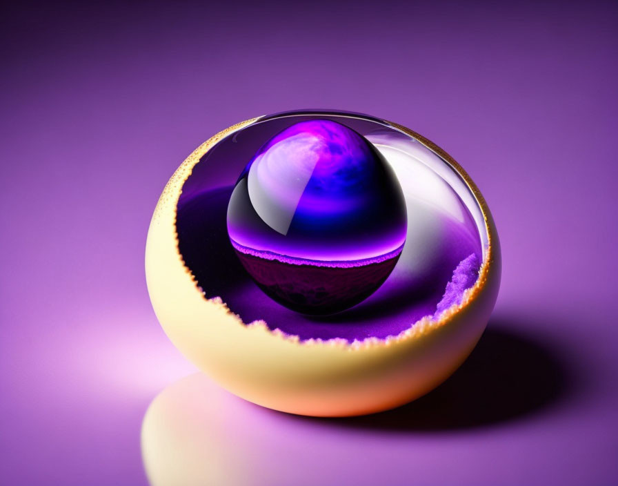 Translucent purple and yellow gradient sphere with smaller glowing dark sphere