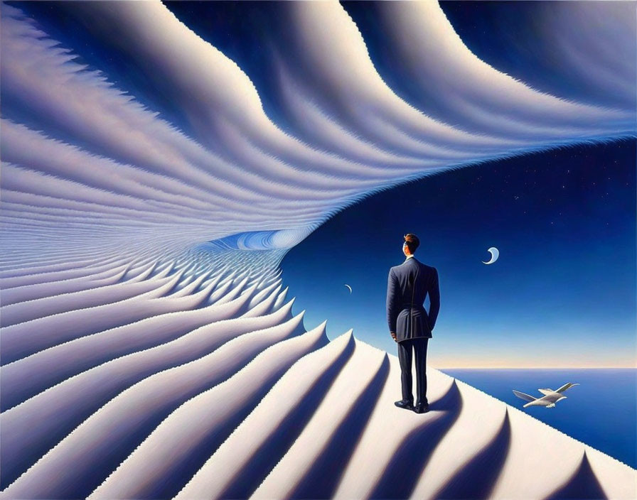 Person standing at edge of surreal waves under crescent moon and plane in vibrant blue sky.