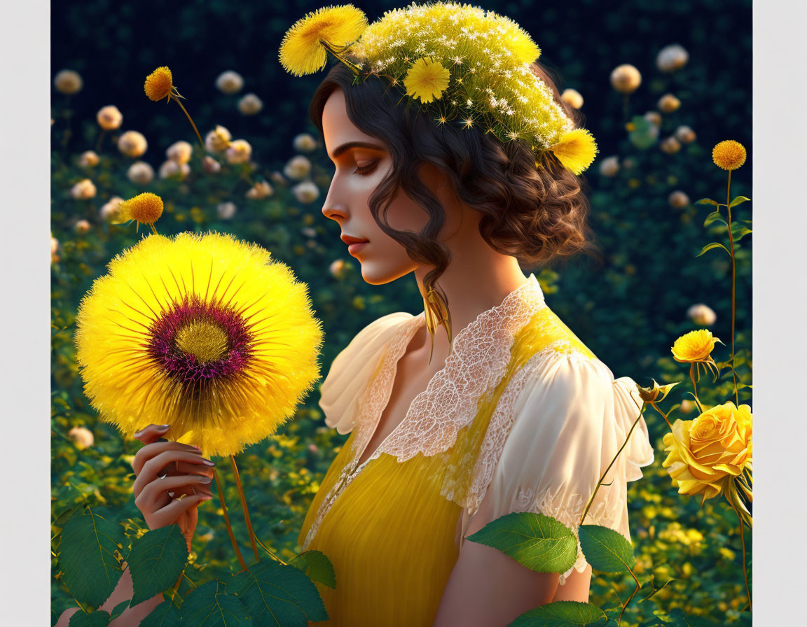 Woman in Yellow Dress Holding Dandelion Surrounded by Flowers