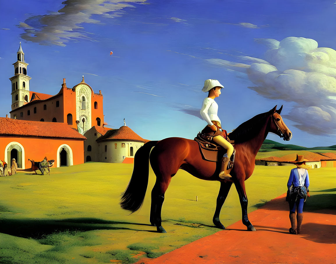 Woman in white top and hat rides brown horse with man in blue shirt against vibrant landscape with church