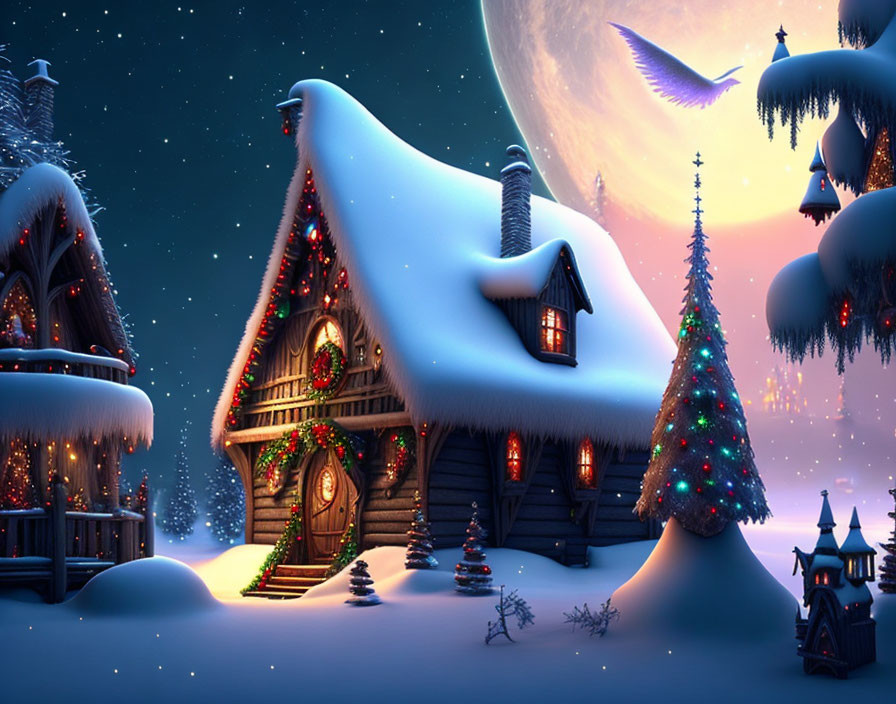 Snow-covered cottages with Christmas tree under moonlit sky