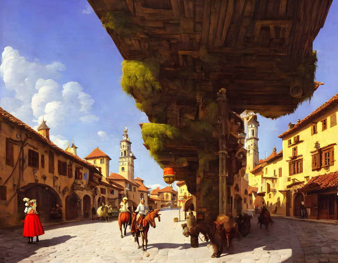 Colorful painting of ancient town square with people, horses, and architecture under blue sky