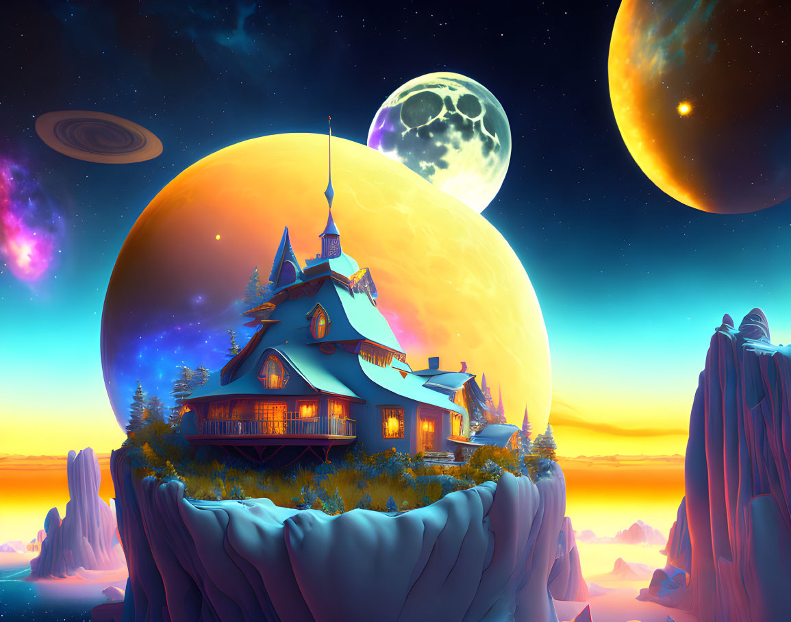 Whimsical house on cliff with moons and planets in sunset sky