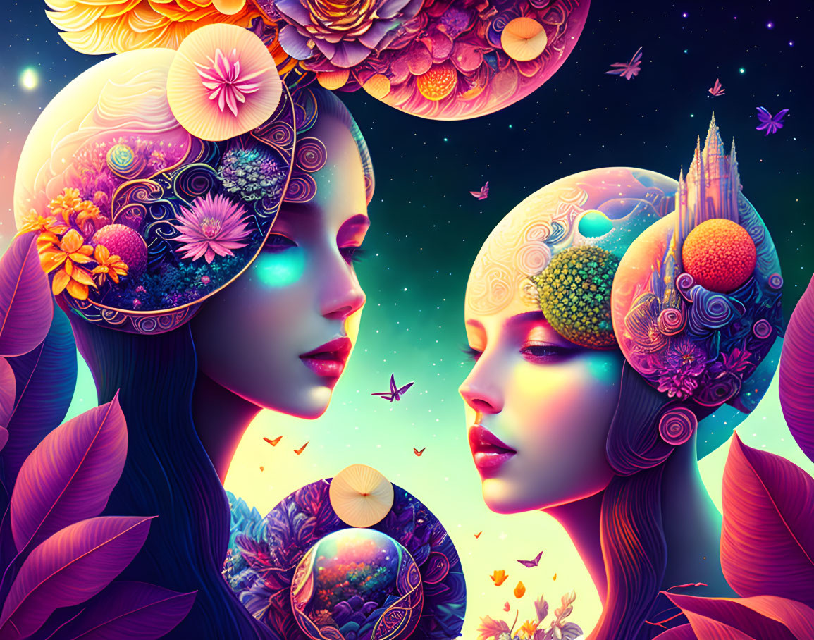 Stylized female figures with floral and cosmic headdresses on starry background