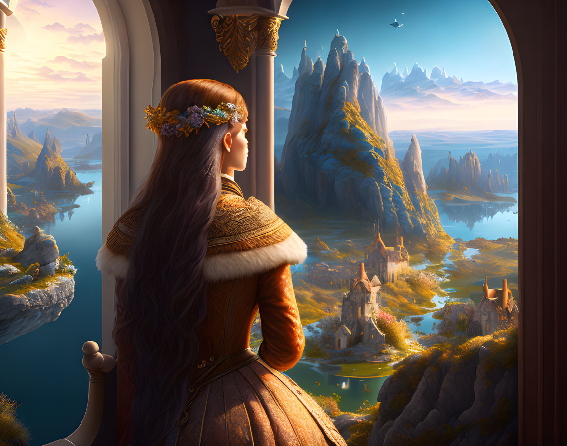 Medieval woman in flower crown looking out castle window at sunset landscape