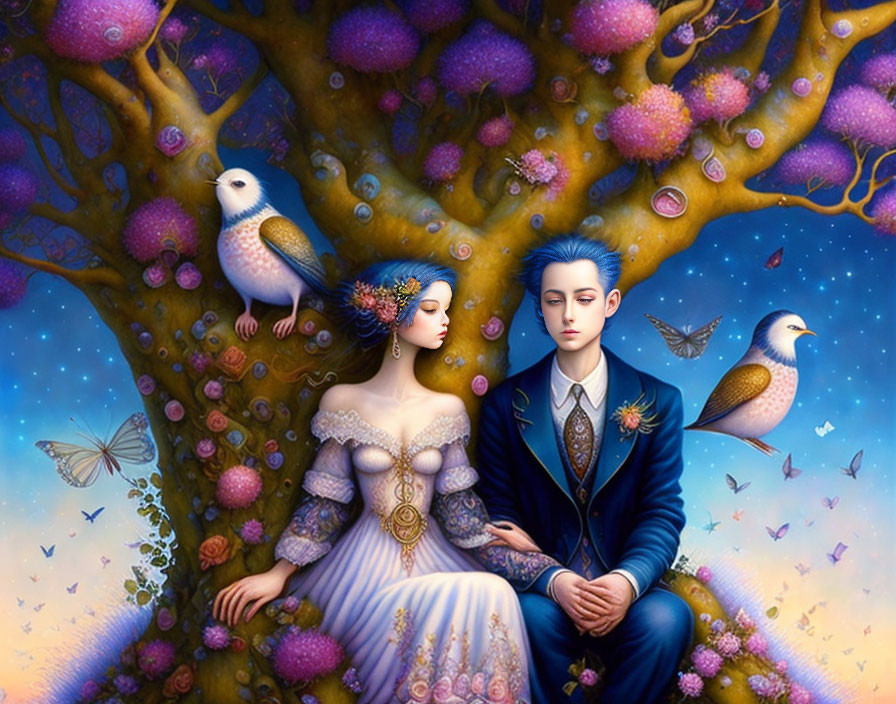 Vibrant fantasy illustration with ornately dressed couple under tree surrounded by nature.