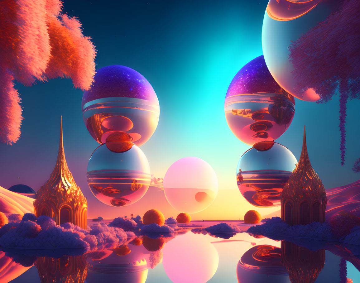 Surreal landscape with reflective spheres and celestial bodies in twilight sky